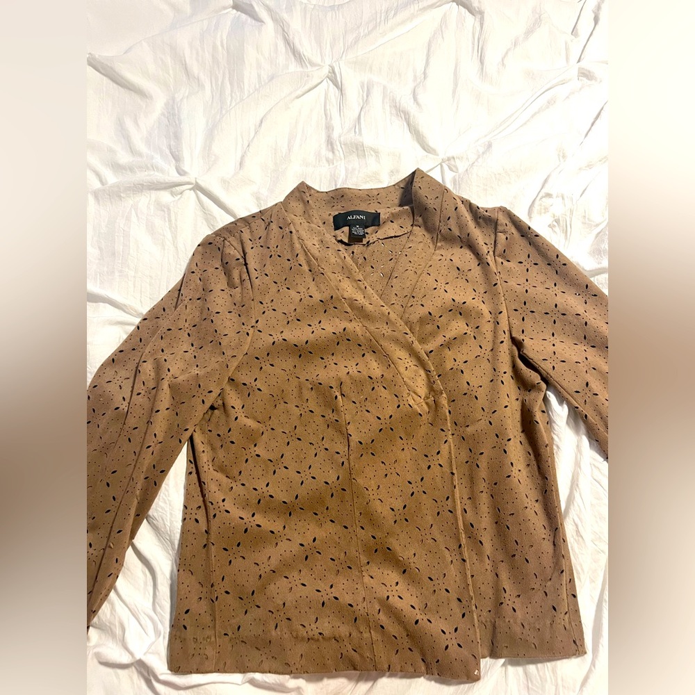 Brown suede Alfani cover up or sweater with flower petal design throughout